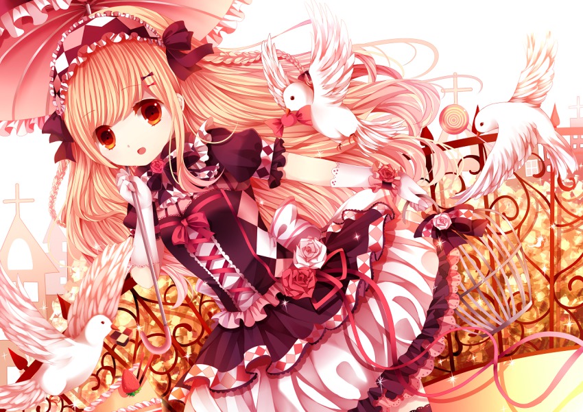 1girl, :d, bird, black_thighhighs, blonde_hair, cake, candy, dress