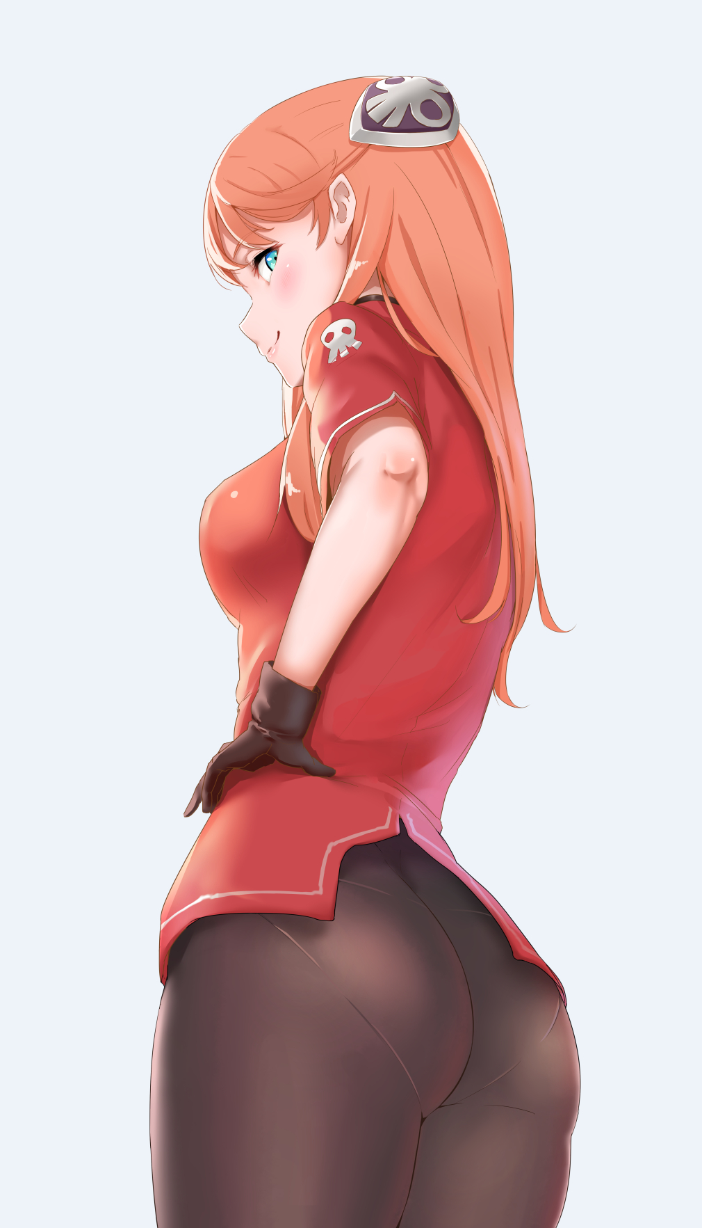 1girl, aida_rayhunton, aoi_tiduru, ass, black_gloves, black_pantyhose, blue_eyes, blush, breasts, chizurusou_(tiduru_39), cowboy_shot, female_focus, from_side, gloves, gundam, gundam_g_no_reconguista, hair_ornament, hand_on_own_hip, highres, long_hair, medium_breasts, orange_hair, pantyhose, pantylines, smile, solo