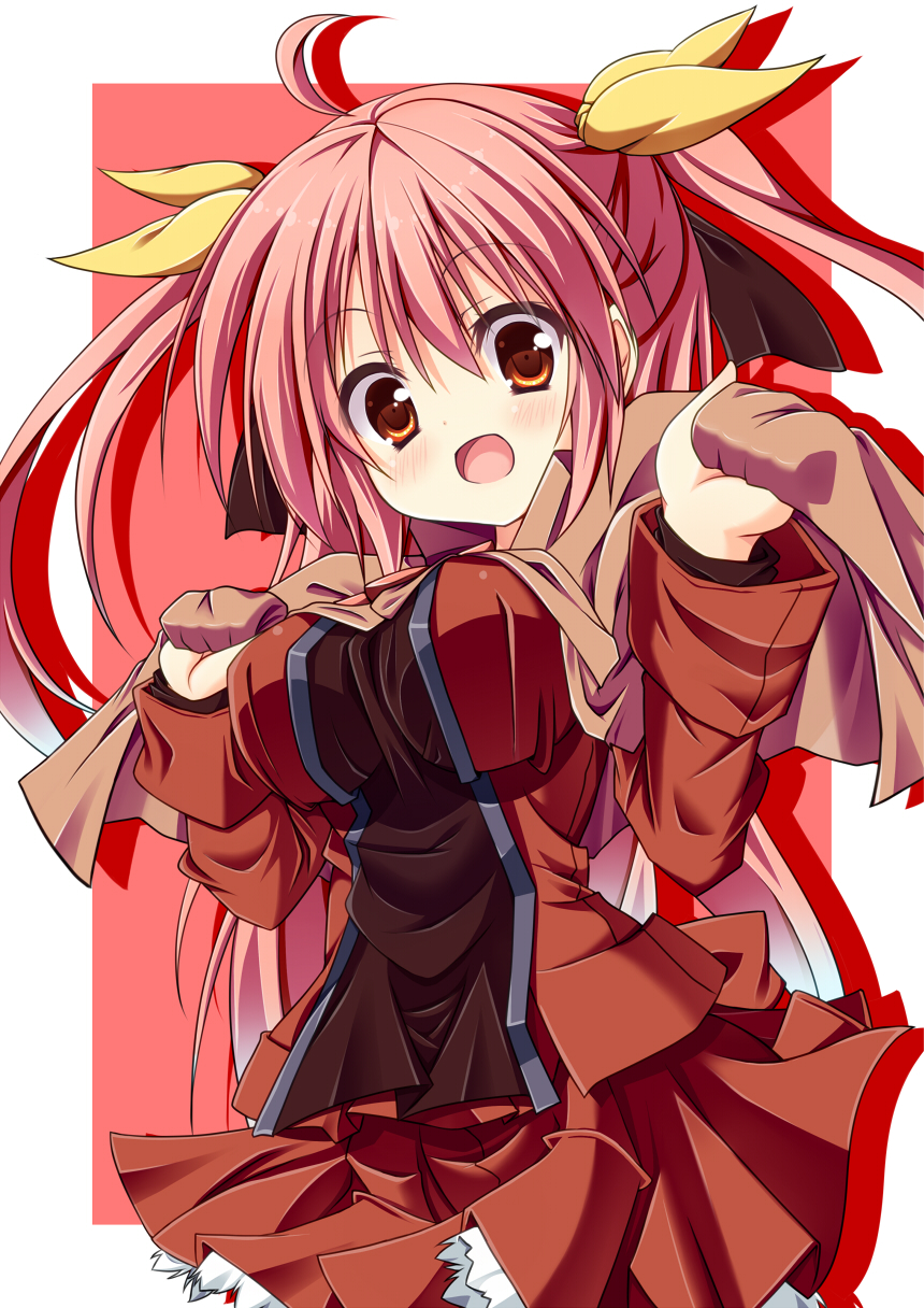 1girl, :d, ahoge, blush, breasts, female_focus, hair_ribbon, highres