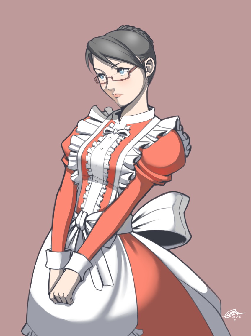 00s, 1girl, absurdres, alternate_costume, apron, arcbuncle, archie_adiartama, bad_id, bad_pixiv_id, black_hair, blue_eyes, blush, braid, eleanor_varrot, enmaided, female_focus, french_braid, frills, glasses, hair_bun, highres, maid, maid_apron, red-framed_eyewear, semi-rimless_eyewear, senjou_no_valkyria, senjou_no_valkyria_(series), senjou_no_valkyria_1, simple_background, single_hair_bun, solo, under-rim_eyewear, v_arms, wrist_cuffs
