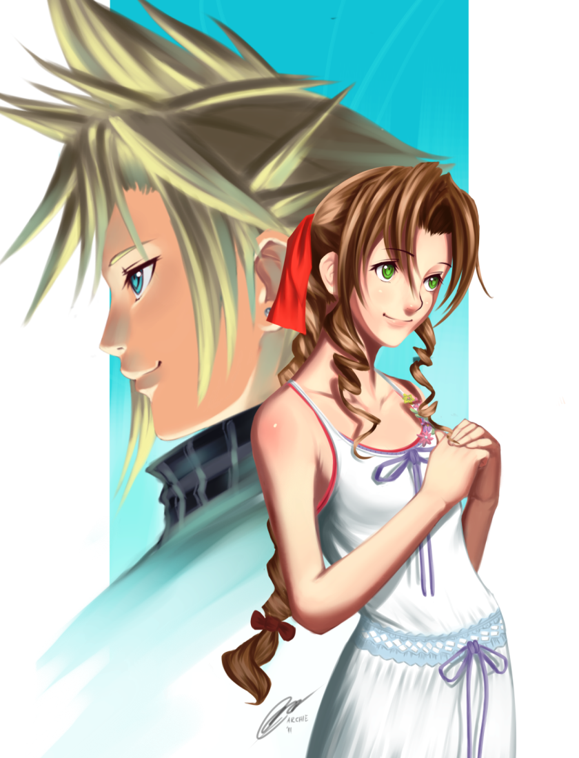 1990s_(style), 1boy, 1girl, aerith_gainsborough, alternate_costume, arcbuncle, bad_id, bad_pixiv_id