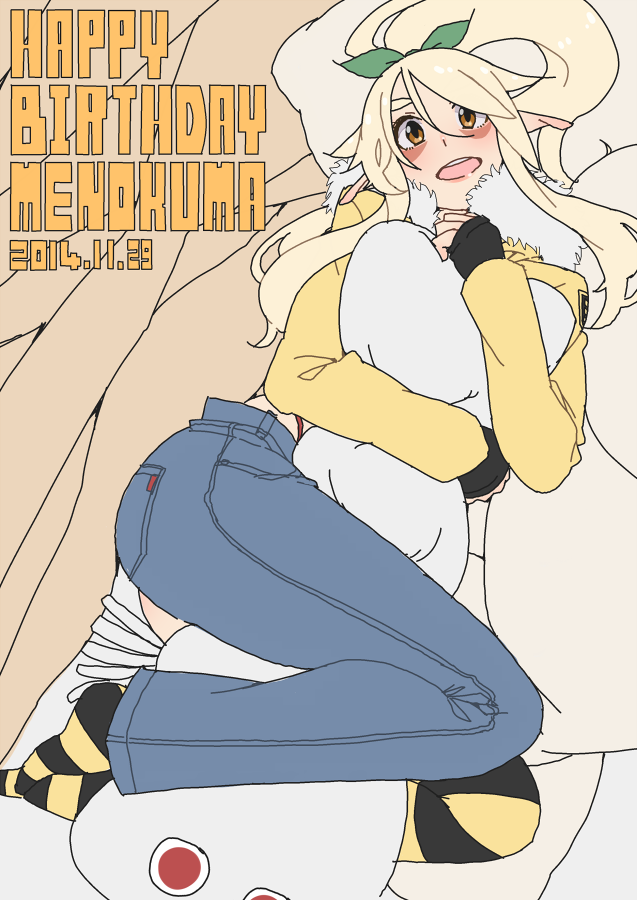 1girl, asymmetrical_clothes, blonde_hair, brown_eyes, denim, female_focus, hair_ribbon, happy_birthday