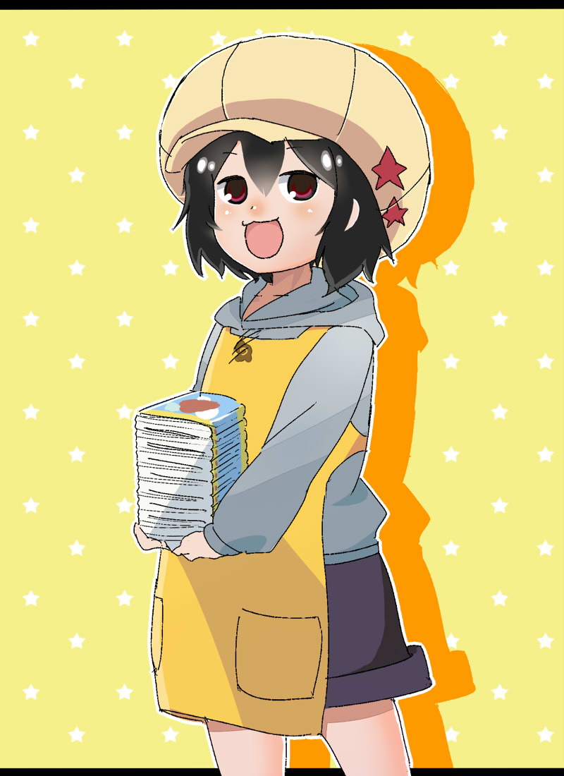 1girl, :3, apron, black_hair, book, newsboy_cap, denki-gai_no_hon'ya-san, female_focus