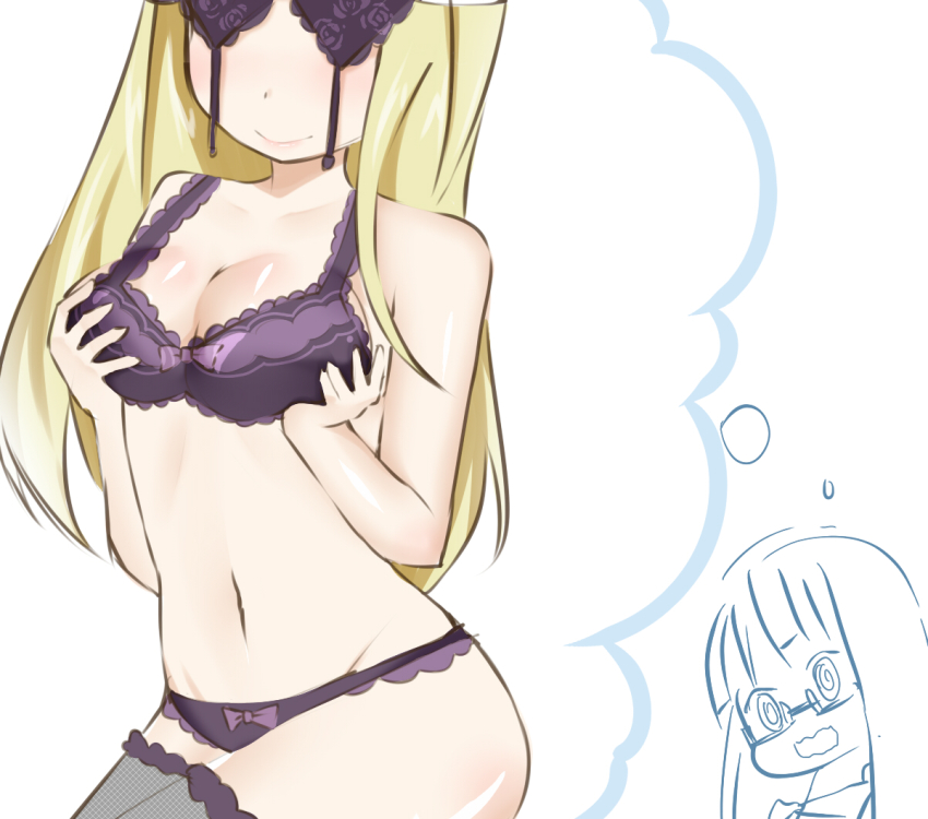 2girls, @_@, blonde_hair, blush, bra, breast_lift, breasts, cleavage