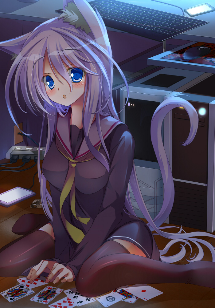 1girl, animal_ears, black_thighhighs, blue_eyes, card, cat_ears, cat_tail, computer, computer_keyboard, computer_mouse, cosplay, female_focus, looking_at_viewer, no_game_no_life, open_mouth, original, playing_card, purple_hair, school_uniform, serafuku, shiro_(no_game_no_life), shiro_(no_game_no_life)_(cosplay), sitting, solo, tail, takataka, thighhighs, zettai_ryouiki