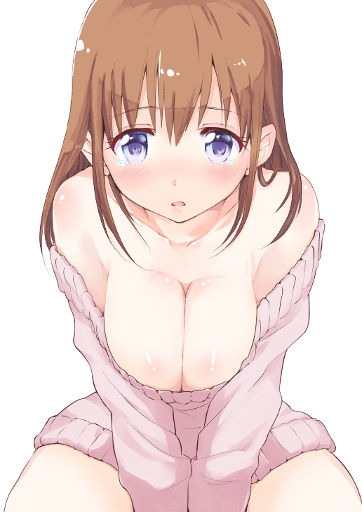 1girl, bad_id, bad_pixiv_id, blue_eyes, blush, breasts, brown_hair, cleavage