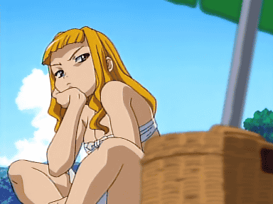 00s, 1girl, animated, animated_gif, anime_screenshot, beach, bikini, blonde_hair