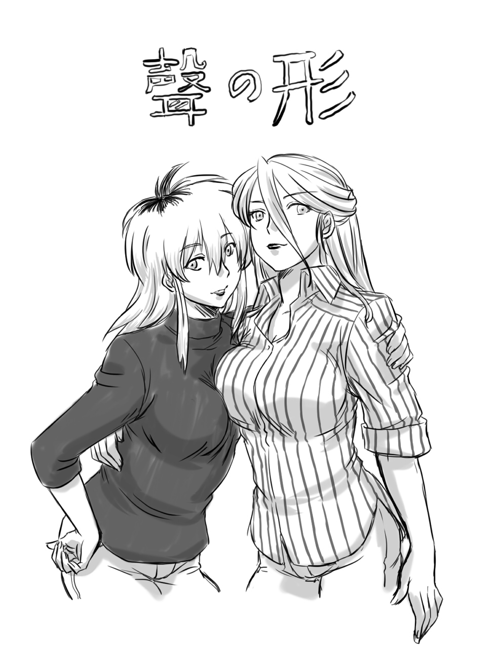 10s, 2girls, breasts, dress_shirt, female_focus, greyscale, hand_on_another's_shoulder, hand_on_own_hip, highres, ishida_miyako, koe_no_katachi, large_breasts, long_hair, looking_at_viewer, mature_female, monochrome, multiple_girls, nishimiya_yaeko, shirt, side-by-side, sidelocks, turtleneck, xeno_neko