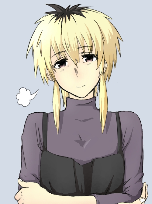 10s, 1girl, apron, crossed_arms, female_focus, housewife, ishida_miyako, koe_no_katachi, mature_female, multicolored_hair, pikke, short_hair, sidelocks, simple_background, solo, turtleneck, two-tone_hair, upper_body