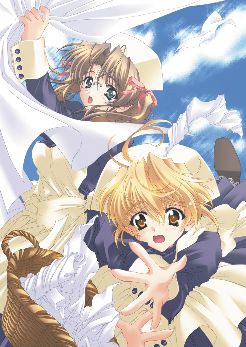 00s, 2girls, absurdres, blonde_hair, brown_hair, carnelian, glasses, green_eyes