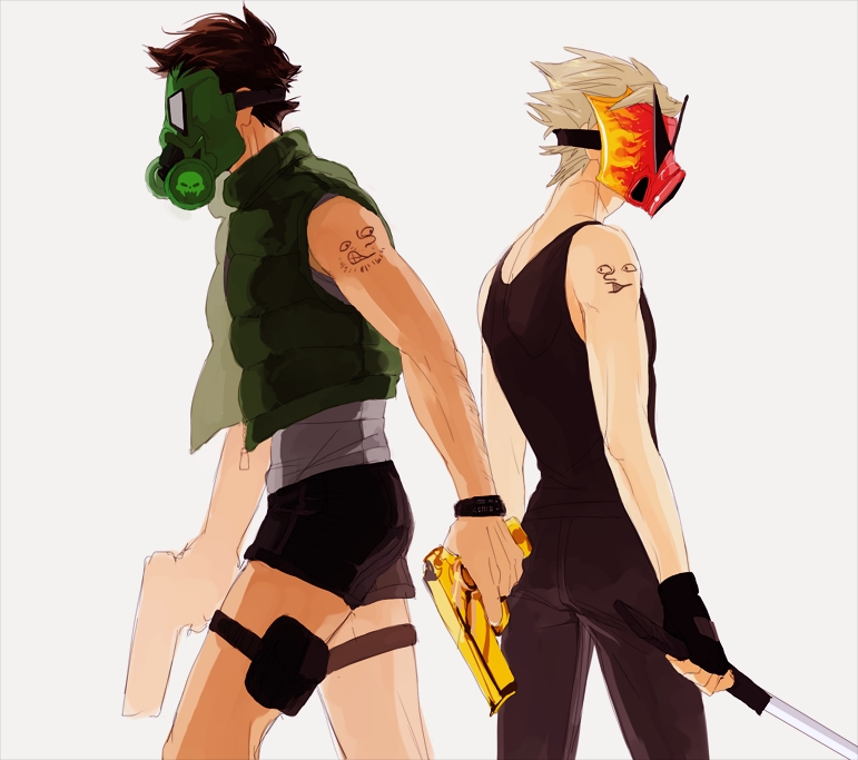 2boys, back-to-back, black_hair, blonde_hair, dirk_strider, dual_wielding, fingerless_gloves, gas_mask