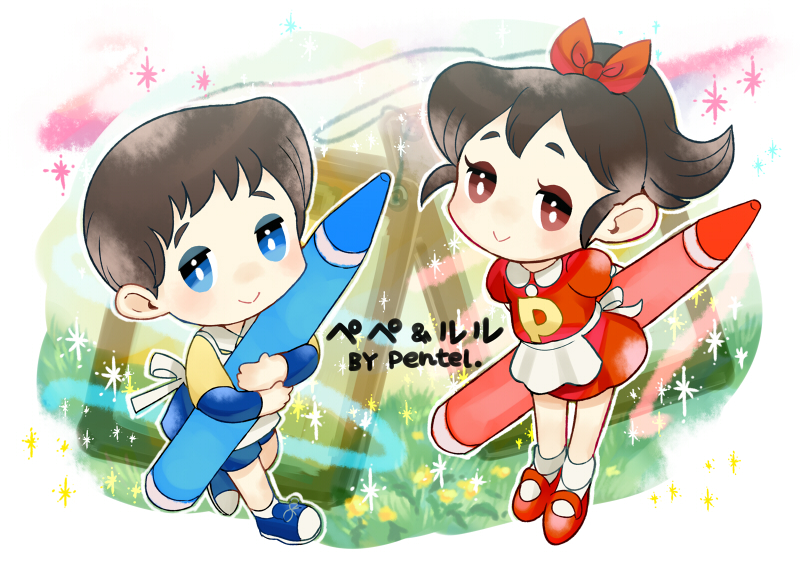 1boy, 1girl, arms_behind_back, blue_eyes, bow, brown_hair, crayon, hair_bow, looking_at_viewer, lulu_(pentel), mary_janes, oversized_object, pentel, pepe_(pentel), ponytail, red_eyes, shoes, short_hair, smile, yanyo_(ogino_atsuki)
