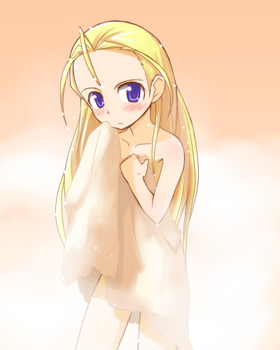 00s, blonde_hair, blue_eyes, blush, elise_von_dietrich, long_hair, lowres, naked_towel, nude, sky_girls, solo, steam, towel, wet, yn1982