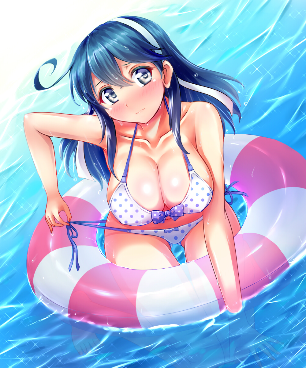 10s, 1girl, bikini, blue_eyes, blue_hair, blush, breasts, cleavage, collarbone, female_focus, hair_ribbon, highres, innertube, kantai_collection, large_breasts, long_hair, matching_hair/eyes, polka_dot, polka_dot_bikini, polka_dot_swimsuit, ribbon, side-tie_bikini_bottom, solo, stir255, swim_ring, swimsuit, untying, ushio_(kancolle), water, wet, white_bikini