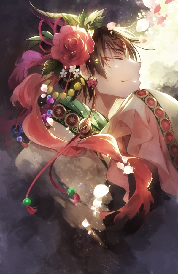 10s, 1boy, artist_request, brown_hair, earrings, facial_mark, flower, hakutaku_(hoozuki_no_reitetsu)