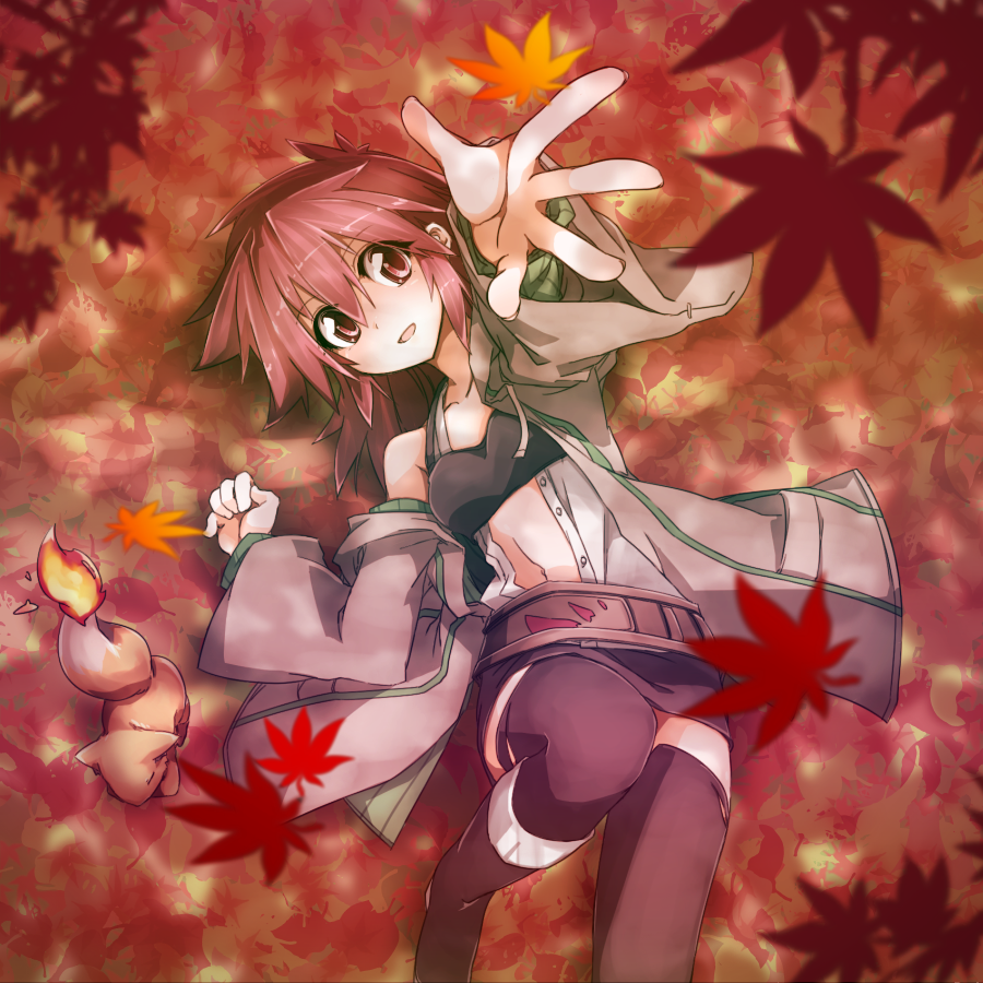 1girl, akasaka_koutarou, autumn, autumn_leaves, black_legwear, breasts, cape, duel_monster