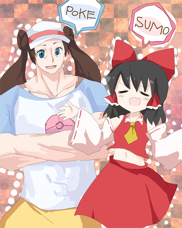 2girls, bad_id, bad_nicoseiga_id, black_hair, blue_eyes, brown_hair, collarbone, cookie_(touhou), crossed_arms, detached_sleeves, double_bun, green_eyes, hair_bun, hair_ribbon, hakurei_reimu, hat, ittosai, long_hair, looking_at_viewer, multiple_girls, nintendo, open_mouth, pokemon, pokemon_black_2_and_white_2, ribbon, ribbon_trim, rosa_(pokemon), skirt, touhou, twintails, visor_cap