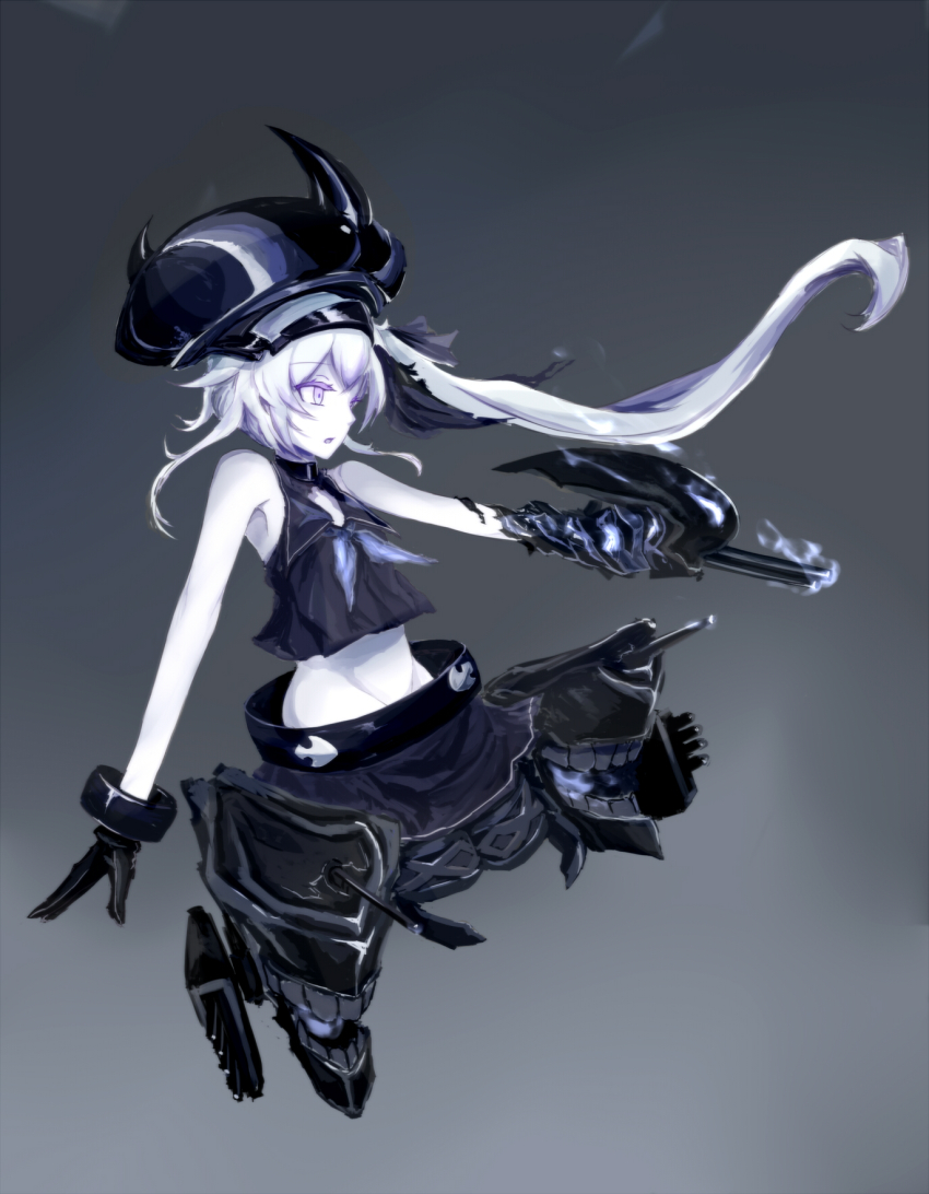 10s, 1girl, :o, abyssal_ship, amputee, arm_cannon, bare_shoulders, black_gloves