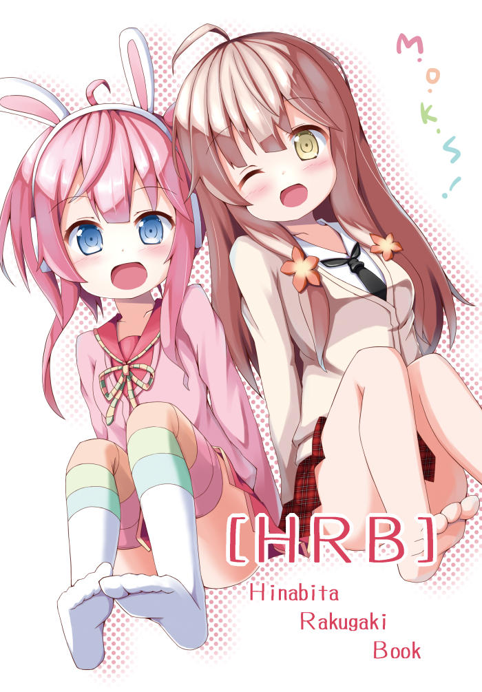 2girls, :d, ;d, ahoge, animal_ear_headphones, animal_ears, barefoot, blue_eyes