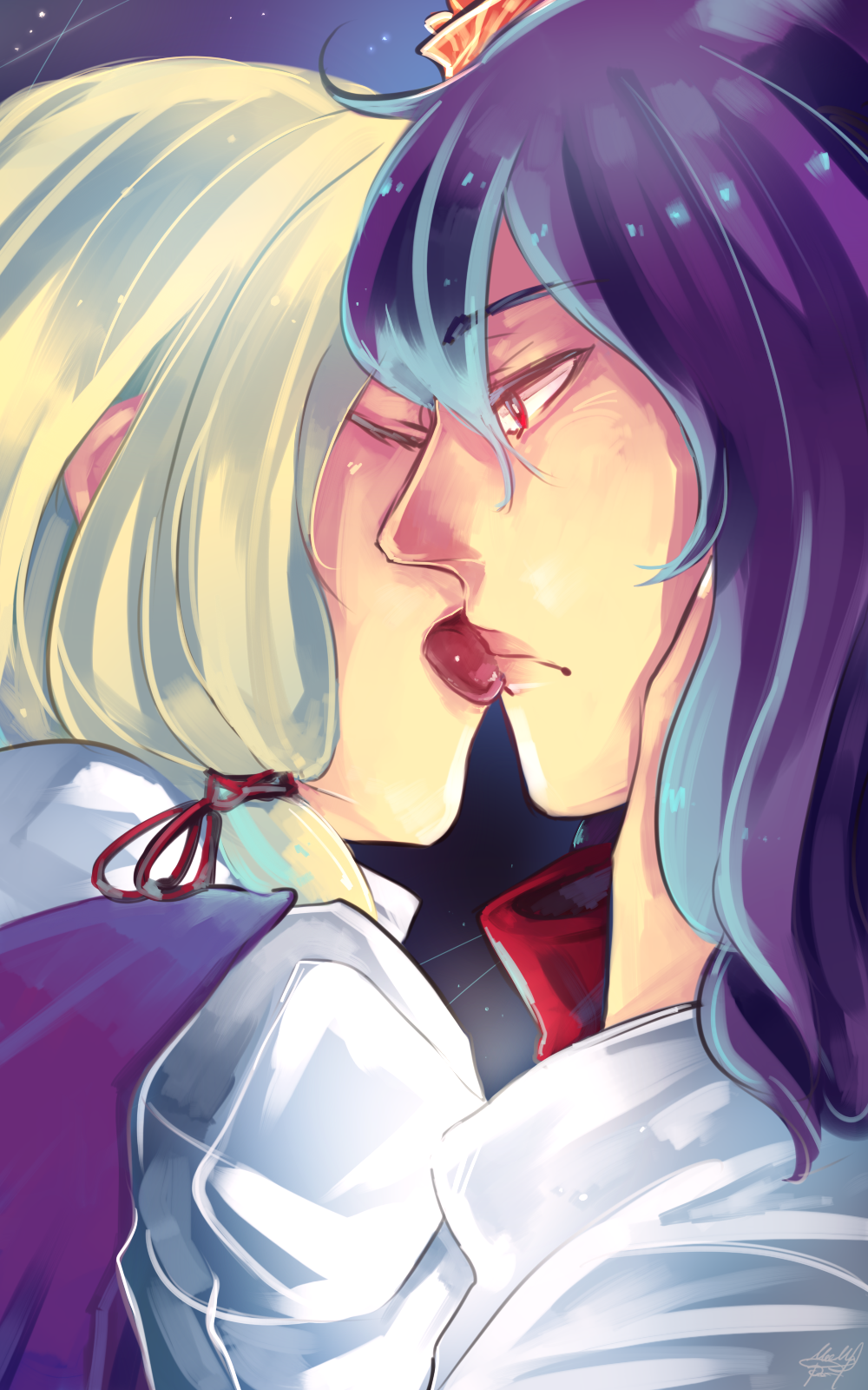 2girls, blonde_hair, close-up, closed_eyes, hair_between_eyes, hair_ribbon, hands_on_another's_face, highres, kiss, licking, licking_lips, moriya_suwako, multiple_girls, mummeemeemama, missing_headwear, profile, purple_hair, red_eyes, red_ribbon, ribbon, short_hair, signature, tongue, tongue_out, touhou, tress_ribbon, yasaka_kanako, yuri