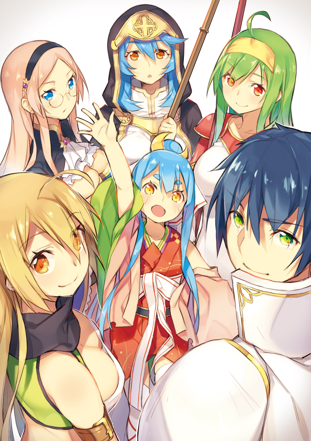 1boy, 5girls, alisa_(sennen_sensou_aigis), bad_id, bad_pixiv_id, blonde_hair, blue_eyes, blue_hair