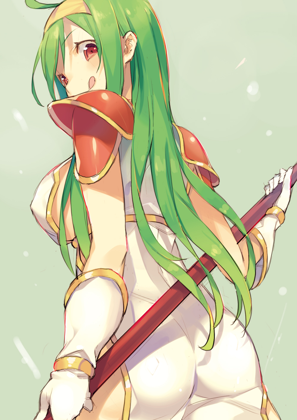 1girl, :q, armor, ass, bad_id, bad_pixiv_id, breasts, carrie_(sennen_sensou_aigis), female_focus, from_behind, gloves, green_hair, hairband, highres, katou_itsuwa, large_breasts, long_hair, looking_at_viewer, looking_back, pauldrons, polearm, red_eyes, sennen_sensou_aigis, shoulder_armor, side_slit, sideboob, solo, tongue, tongue_out, weapon, white_gloves