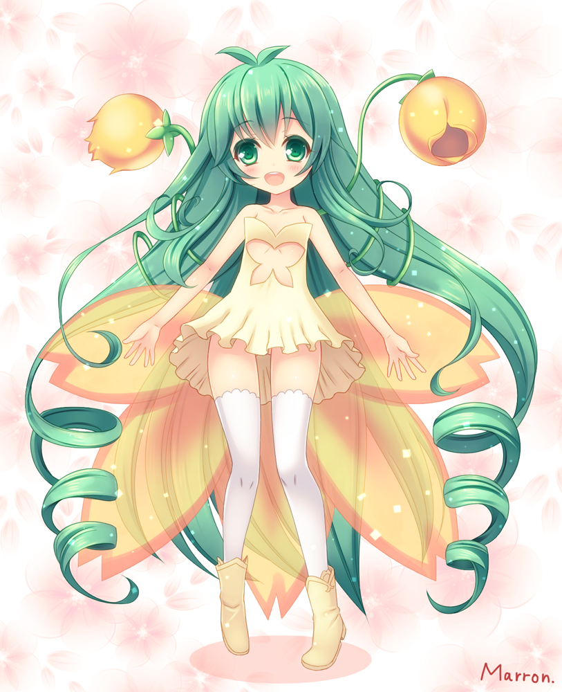 1girl, :d, alraune_(p&amp;d), artist_name, blush, dress, drill_hair, female_focus