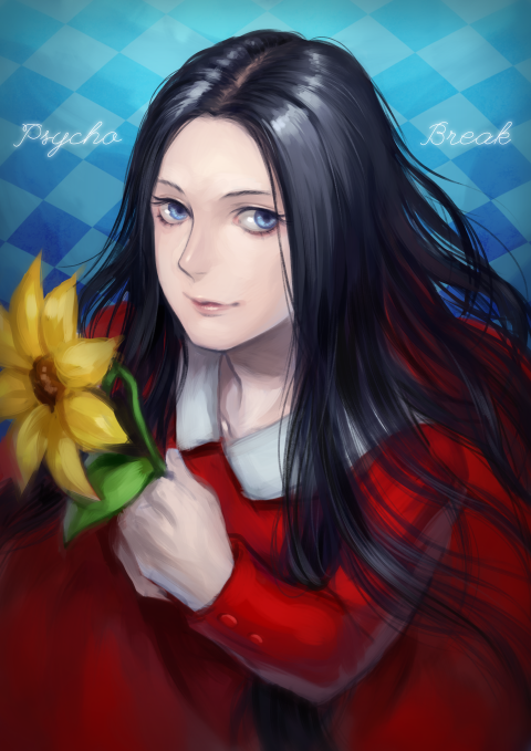 1girl, black_hair, blue_eyes, dress, female_focus, flower, kizdollark, laura_(the_evil_within)