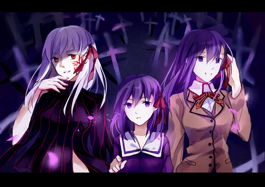 3girls, cross, dark_sakura, fate/stay_night, fate/zero, fate_(series), homurabara_academy_school_uniform, letterboxed