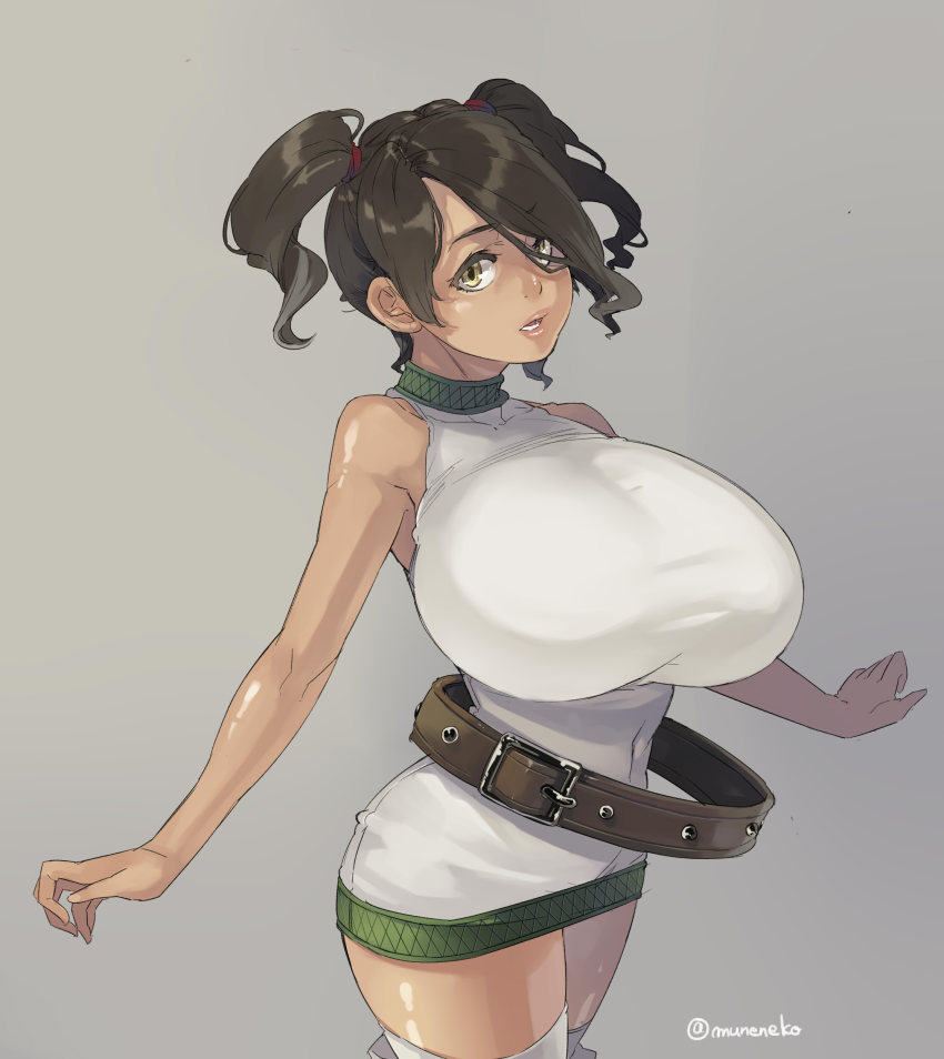 1girl, absurdres, belt, breasts, brown_hair, dark-skinned_female, dark_skin, female_focus, gigantic_breasts, highres, lily_(radiata_stories), looking_at_viewer, muneneko, radiata_stories, short_twintails, simple_background, solo, thighhighs, twintails, yellow_eyes
