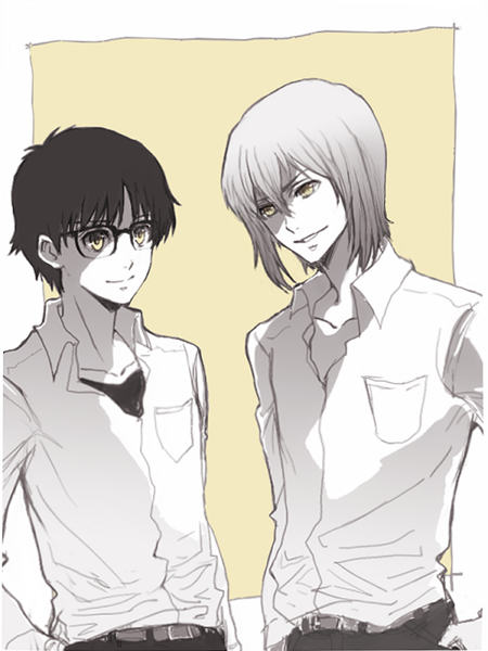 2boys, belt, black_hair, brown_eyes, brown_hair, eye_contact, glasses, hand_on_own_hip