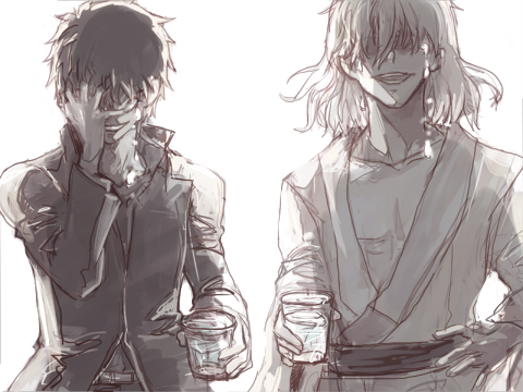 00s, 2boys, alcohol, black_hair, crying, drinking, gakuran, hair_between_eyes