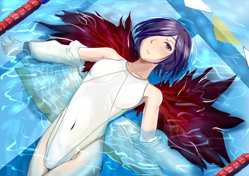 10s, 1girl, bad_anatomy, black_hair, competition_swimsuit, hair_over_one_eye, jacket, kirishima_touka, mocchii, mocchii_(motti1137), one-piece_swimsuit, red_eyes, short_hair, swimsuit, tokyo_ghoul, water, wings