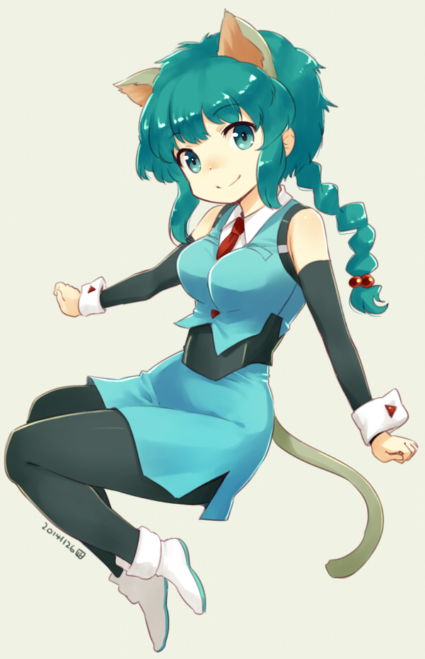 1girl, 2014, animal_ears, aqua_eyes, aqua_hair, black_pantyhose, braid, breasts