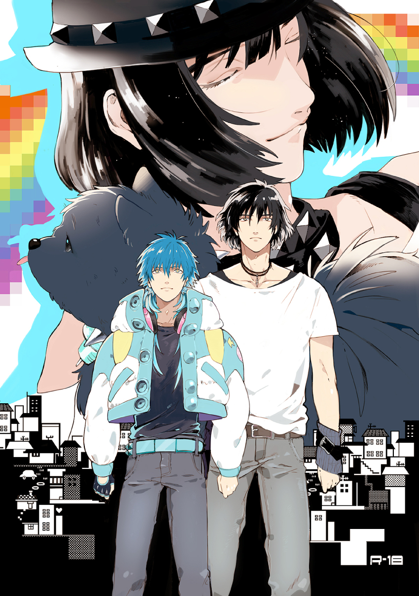 10s, 3boys, bad_id, bad_pixiv_id, black_hair, blue_hair, dog, dramatical_murder