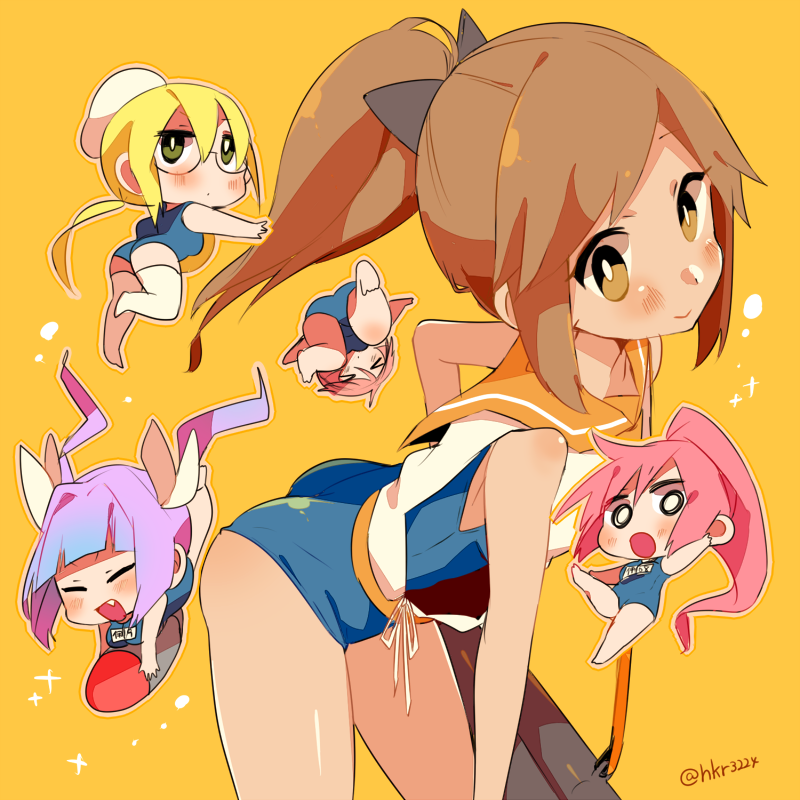 >_<, 10s, 5girls, :d, ass, blonde_hair, blue_hair, brown_eyes