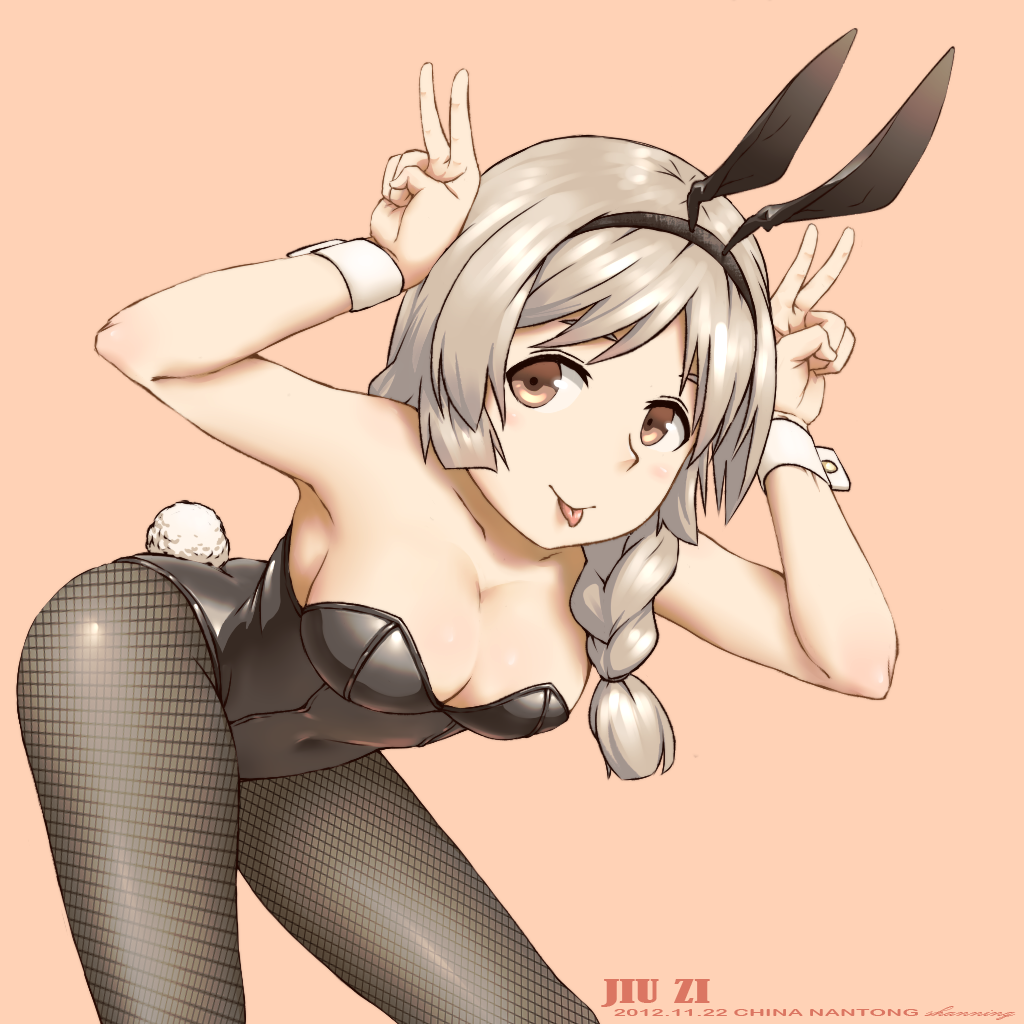 10s, 1girl, :p, alternate_costume, animal_ears, bent_over, braid, breasts