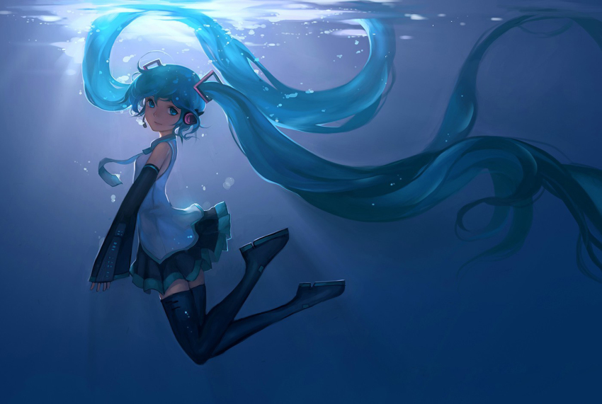 1girl, absurdly_long_hair, aqua_eyes, aqua_hair, black_thighhighs, detached_sleeves, female_focus, full_body