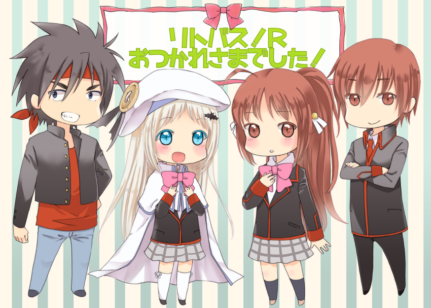 2boys, 2girls, black_eyes, black_hair, blue_eyes, brown_eyes, brown_hair, cape