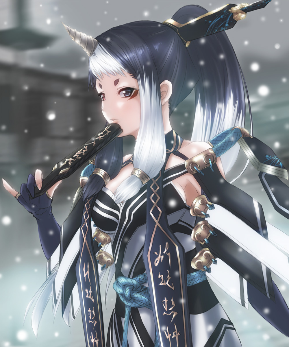 1girl, aqua_eyes, black_hair, eyeshadow, hand_fan, fingerless_gloves, gloves, harukaze_bou
