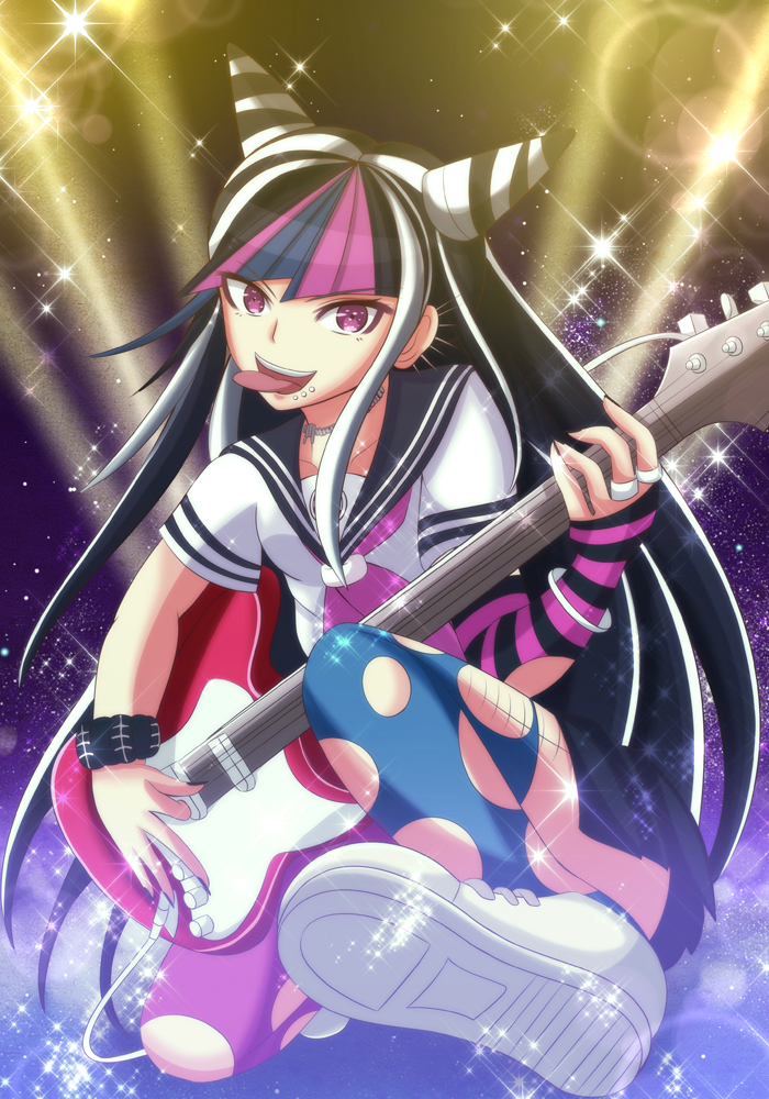 10s, 1girl, asymmetrical_legwear, black_hair, blue_hair, bracelet, breasts, danganronpa_(series), danganronpa_2:_goodbye_despair, do10nn, female_focus, fingernails, guitar, hair_ornament, instrument, jewelry, long_fingernails, long_hair, long_tongue, looking_at_viewer, mioda_ibuki, mismatched_legwear, multicolored_hair, nail_polish, open_mouth, piercing, purple_eyes, scar, school_uniform, serafuku, smile, solo, thighhighs, tongue, tongue_out, torn_clothes, torn_thighhighs