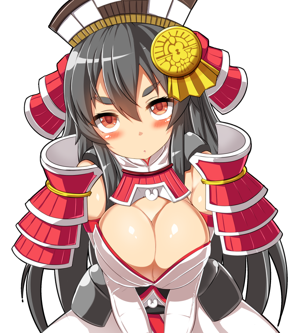 1girl, armor, blush, breasts, cleavage, elbow_gloves, female_focus, gloves, grey_hair, head_tilt, japanese_armor, karaage_(ta-na), kozukata_(oshiro_collection), kozukata_(oshiro_project), large_breasts, long_hair, looking_at_viewer, morioka_(oshiro_collection), morioka_(oshiro_project), oshiro_project:re, shoulder_armor, simple_background, sode, solo, white_background