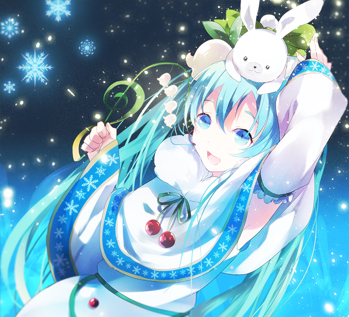 1girl, animal, animal_on_head, aqua_hair, arm_up, blue_eyes, rabbit, capelet