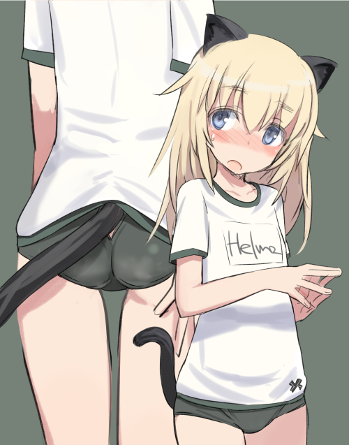 1girl, animal_ears, ass, blonde_hair, blue_eyes, blush, buruma, cat_ears, cat_tail, female_focus, gym_uniform, helma_lennartz, long_hair, name_tag, open_mouth, shimada_fumikane, simple_background, solo, strike_witches, strike_witches:_suomus_misfits_squadron, tail, world_witches_series