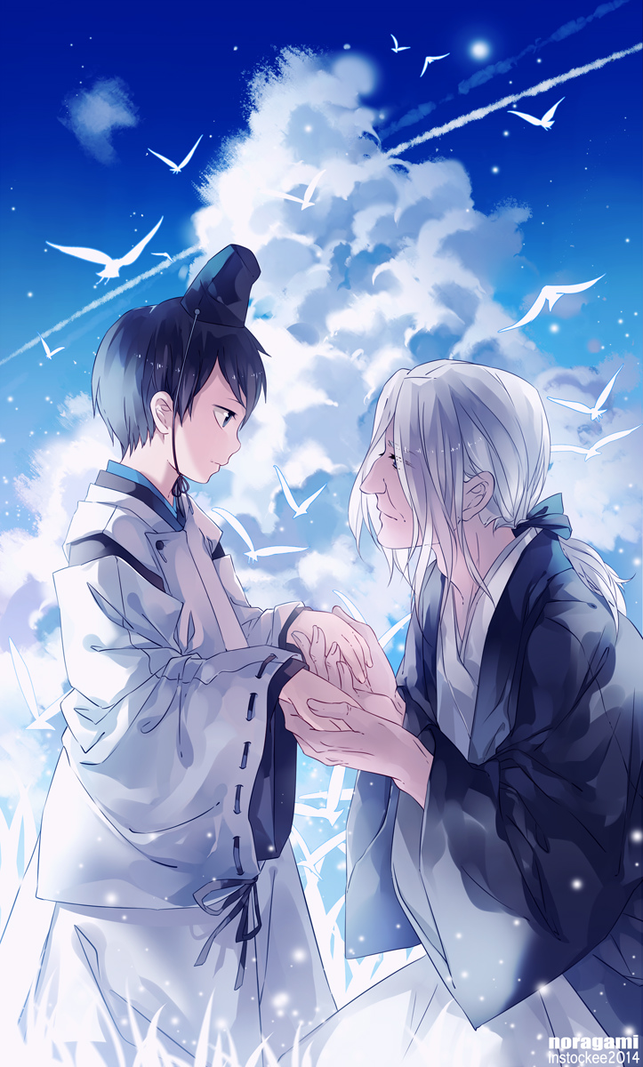 10s, 2boys, aged_down, artist_name, bird, black_hair, blue_sky, blue_theme, child, cloud, cloudy_sky, copyright_name, day, ebisu_(noragami), grass, highres, holding_hands, instockeee, instocklee, iwami_(noragami), japanese_clothes, long_hair, md5_mismatch, multiple_boys, noragami, outdoors, resolution_mismatch, ribbon-trimmed_sleeves, ribbon_trim, short_hair, sky, source_smaller, white_hair