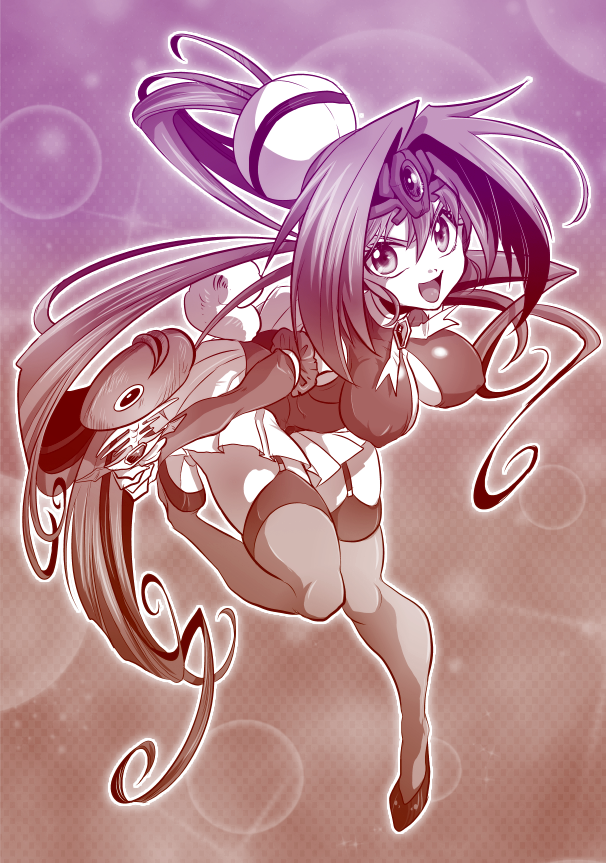 1girl, bad_id, bad_pixiv_id, breasts, bun_cover, cleavage_cutout, clothing_cutout, covered_erect_nipples, female_focus, fish_skeleton, forehead_jewel, garter_straps, hair_bun, large_breasts, long_hair, magical_girl, marimo_(yousei_ranbu), miniskirt, monochrome, open_mouth, puni_puni_poemi, puni_puni_poemi_(character), single_hair_bun, skirt, smile, solo, thighhighs, very_long_hair, watanabe_poemi, weapon