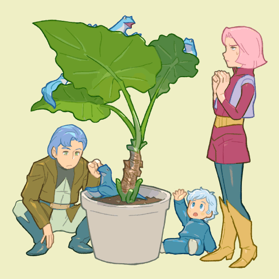 1girl, 2boys, animal, blue_eyes, blue_hair, boots, child, densetsu_kyojin_ideon