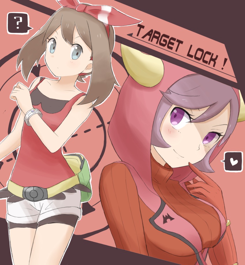 10s, 2girls, ?, bike_shorts, blue_eyes, blush, bracelet, brown_hair, courtney_(pokemon), courtney_(pokemon_oras), fake_horns, fanny_pack, finger_to_mouth, gloves, hair_ribbon, heart, highres, hood, horned_headwear, horns, jewelry, may_(pokemon), may_(pokemon_oras), multiple_girls, nintendo, pokemon, pokemon_omega_ruby_and_alpha_sapphire, purple_eyes, purple_hair, red_gloves, ribbed_sweater, ribbon, riz_(ravel_dc), shirt, short_hair, short_shorts, shorts, sleeveless, sleeveless_shirt, smile, spoken_heart, spoken_question_mark, sweater, team_magma, two_side_up, uniform