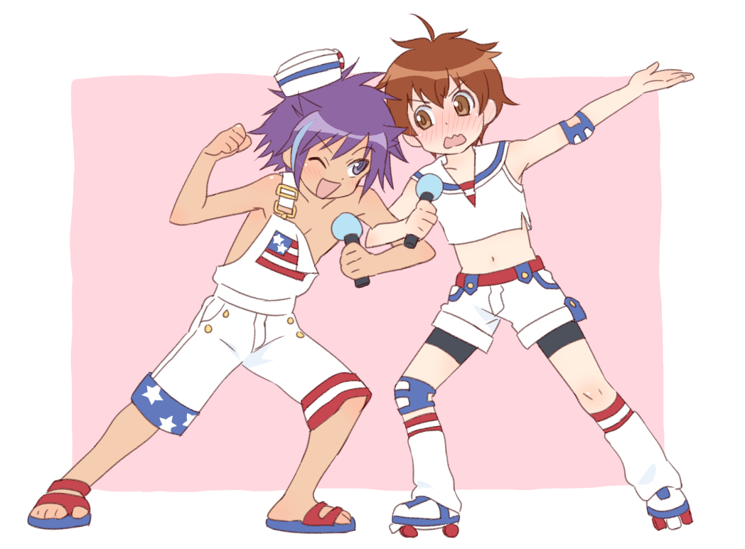 2boys, american_flag, blush, brown_eyes, brown_hair, flag_print, full_body, hat, hiiragi_jun, inuzumi, kogure_kakeru, male_focus, microphone, midriff, multiple_boys, my_melody_(series), naan, one_eye_closed, onegai_my_melody, overalls, purple_eyes, purple_hair, roller_skates, sandals, sanrio, skates, wavy_mouth