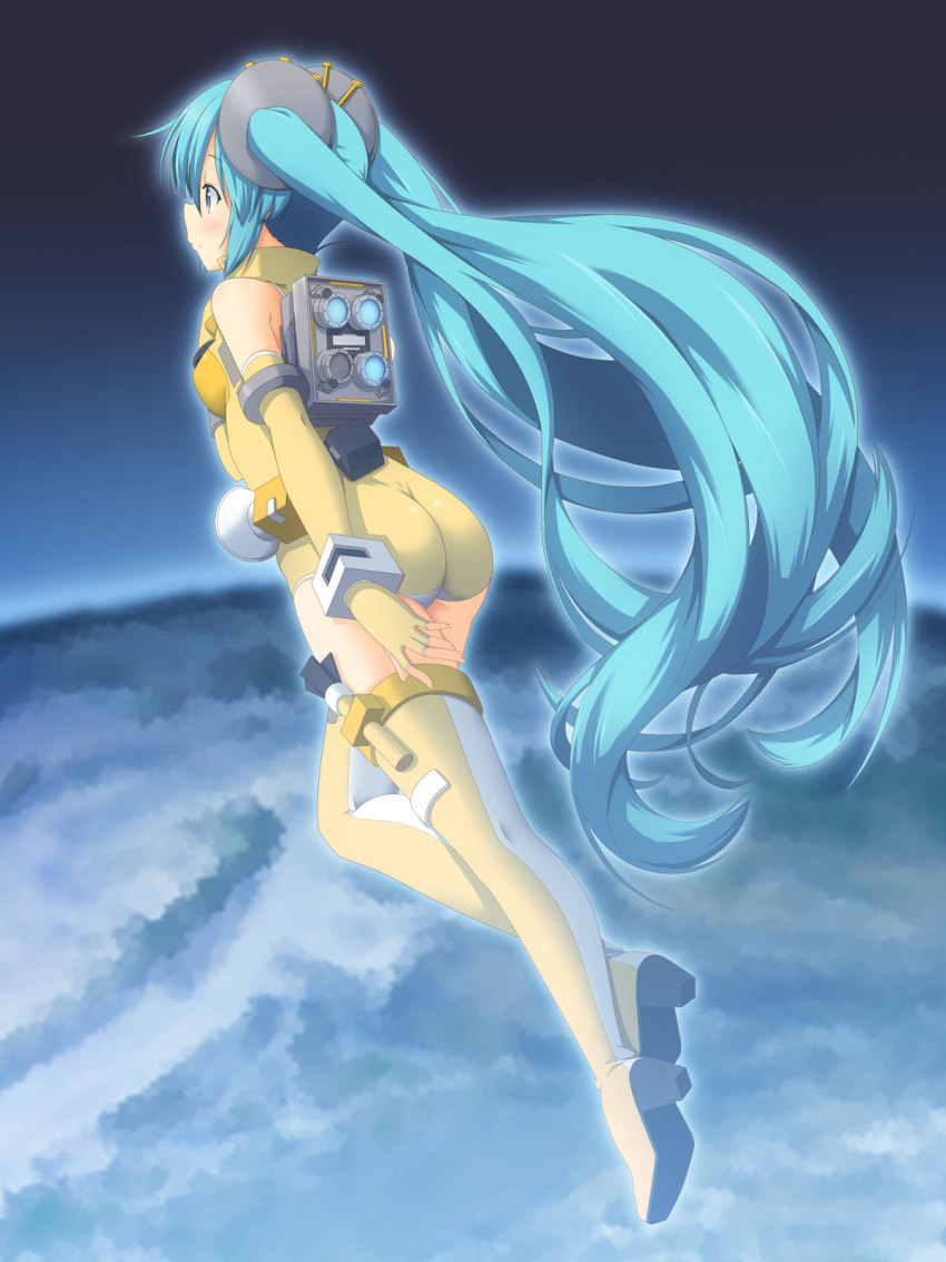 1girl, aqua_eyes, aqua_hair, ass, boots, cosplay, elbow_gloves, female_focus, fingerless_gloves, gloves, hatsune_miku, hayabusa_(spacecraft), hayabusa_(spacecraft)_(cosplay), high_heels, highres, leotard, long_hair, solo, thigh_boots, thighhighs, twintails, very_long_hair, vocaloid, yuzuki_kei